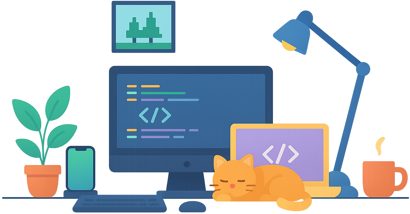 Illustration of a development workspace with computer, laptop, cat, plant, and lamp